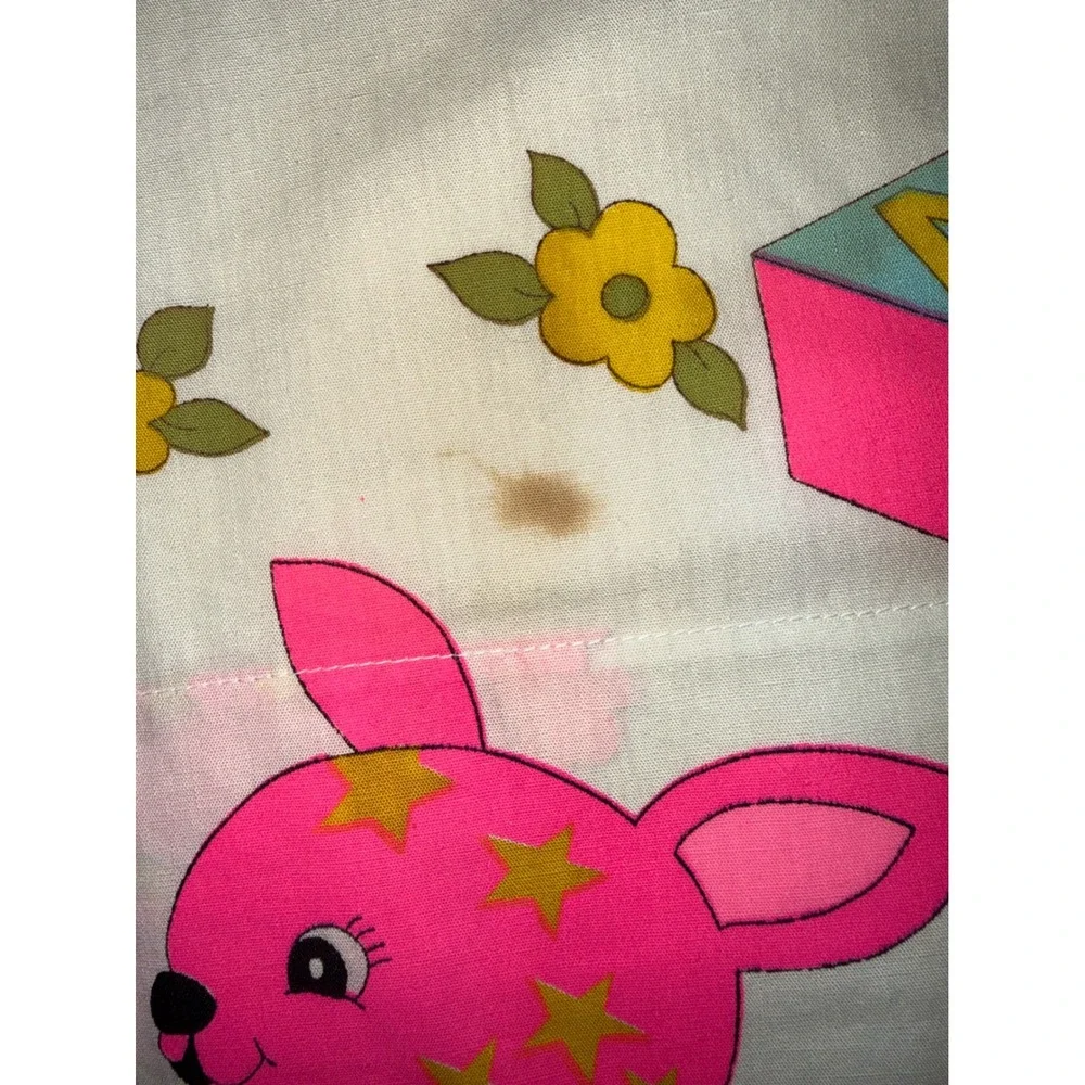Vintage Nursery Curtains Circus Animal ABC Blocks Neon Pink Yellow Scalloped 2pc